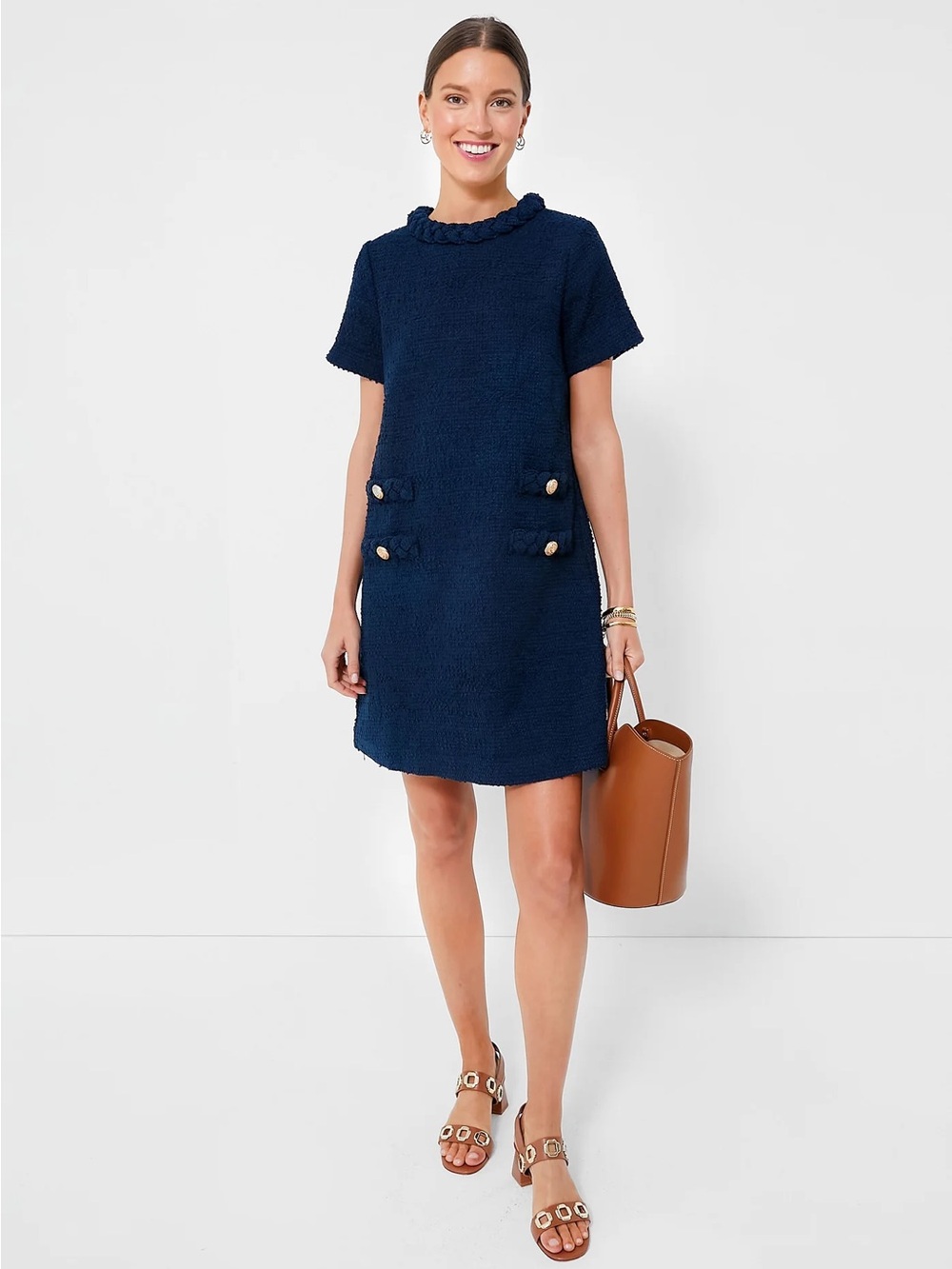 Navy Short-Sleeve Shift Dress with Button Pocket Detail